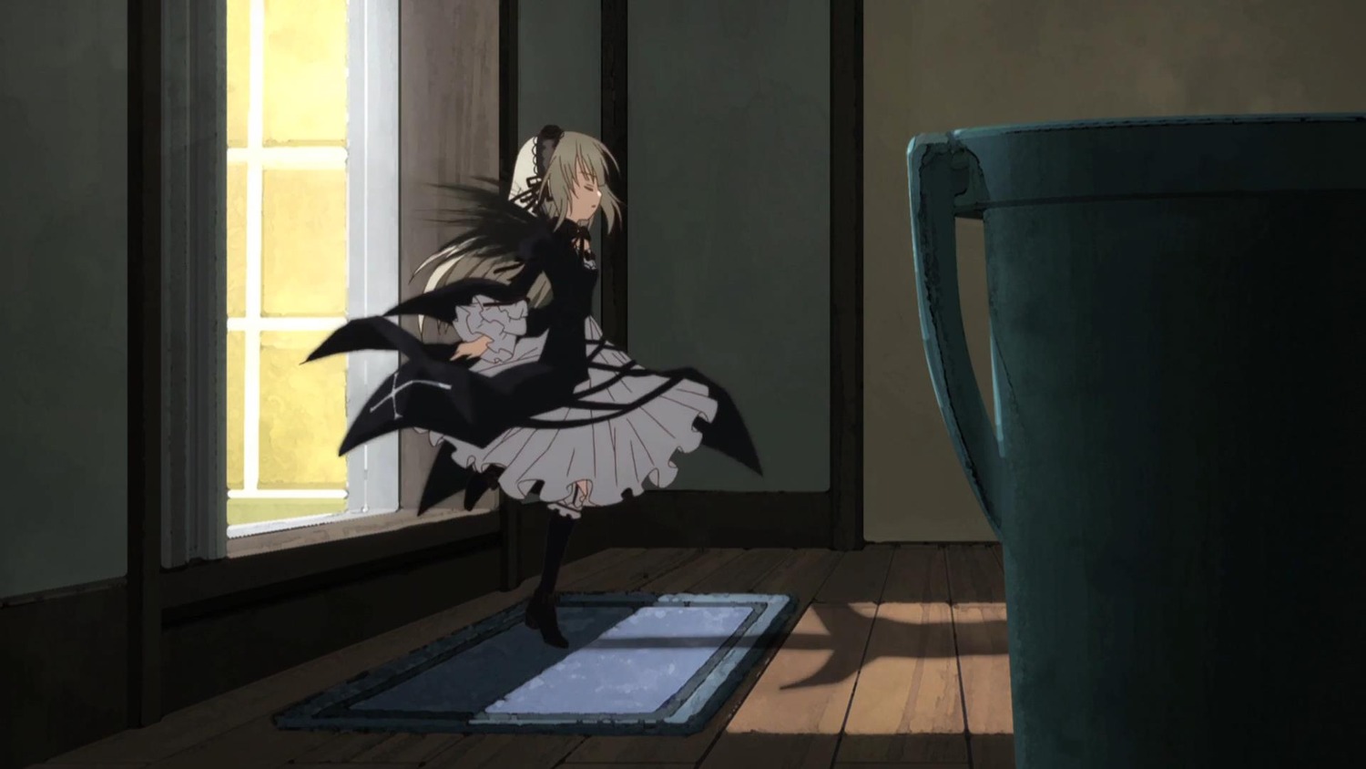 1girl black_dress blonde_hair dress image indoors long_sleeves solo suigintou wings