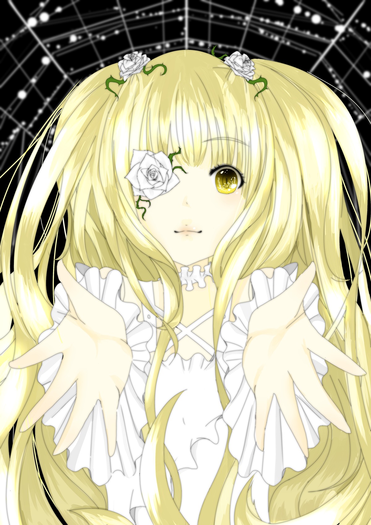 1girl blonde_hair cross dress eyepatch flower frills hair_flower hair_ornament image kirakishou long_hair rose solo thorns two_side_up very_long_hair white_flower white_rose yellow_eyes