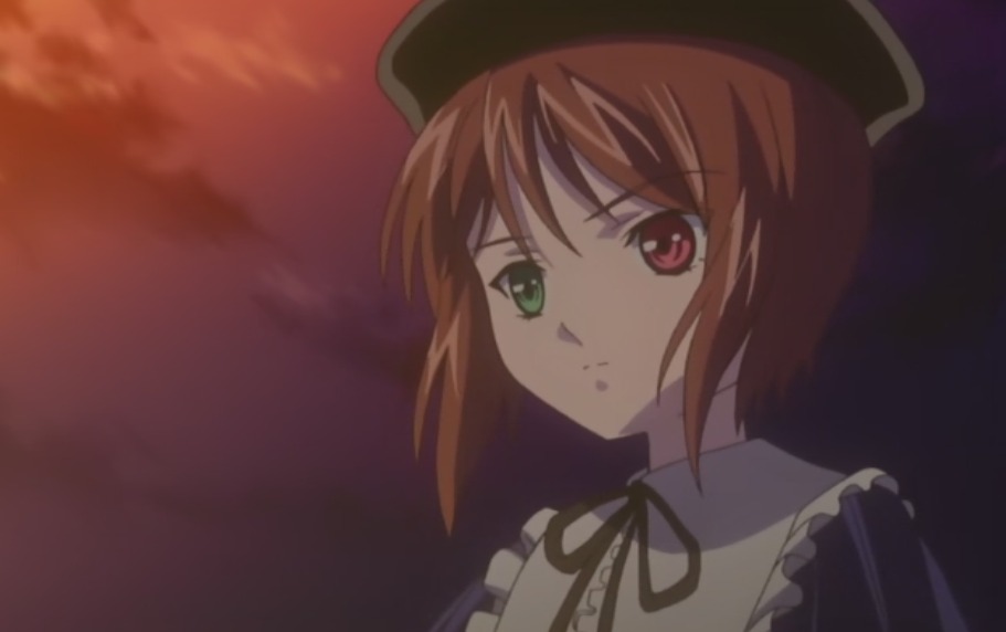 1girl black_headwear brown_hair closed_mouth collar green_eyes hat heterochromia image looking_at_viewer red_eyes ribbon screenshot short_hair solo souseiseki