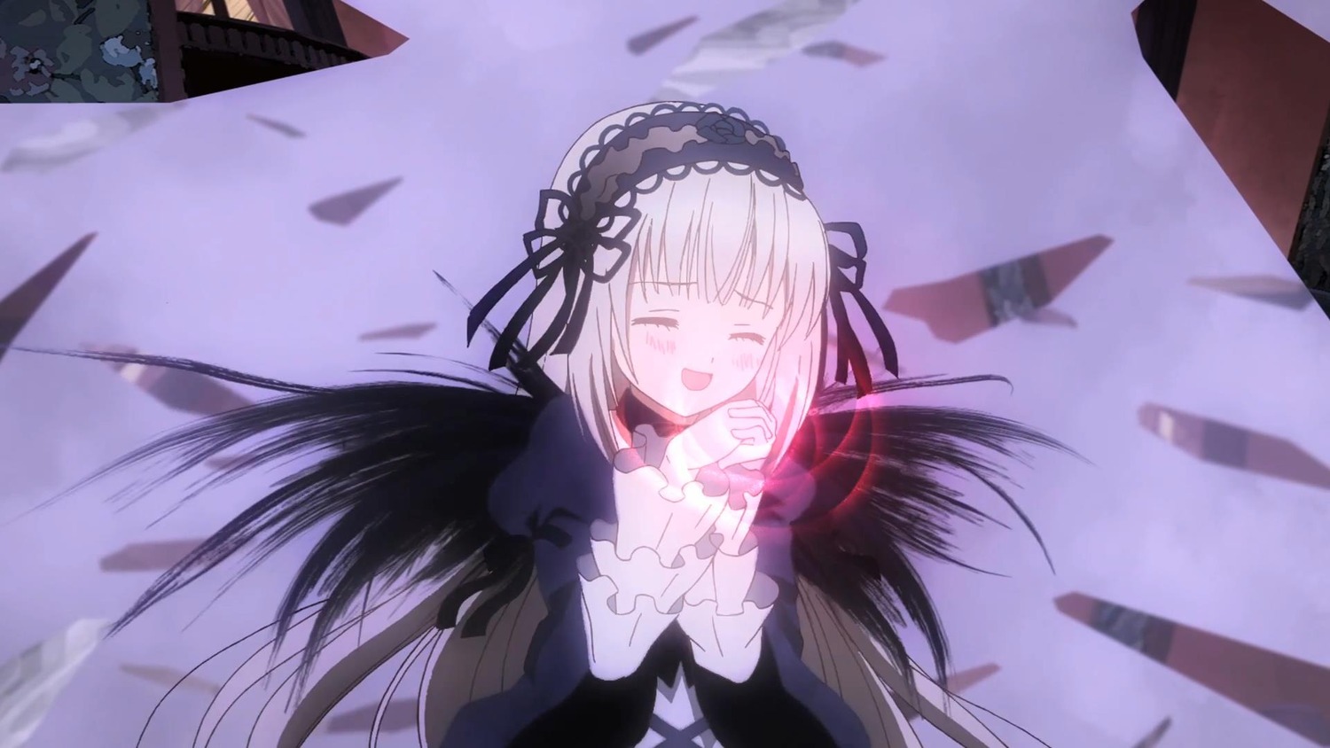 1girl :d black_dress black_ribbon black_wings building closed_eyes dress flower frills hairband image lolita_hairband long_hair long_sleeves open_mouth outdoors ribbon rose silver_hair smile solo suigintou very_long_hair wings