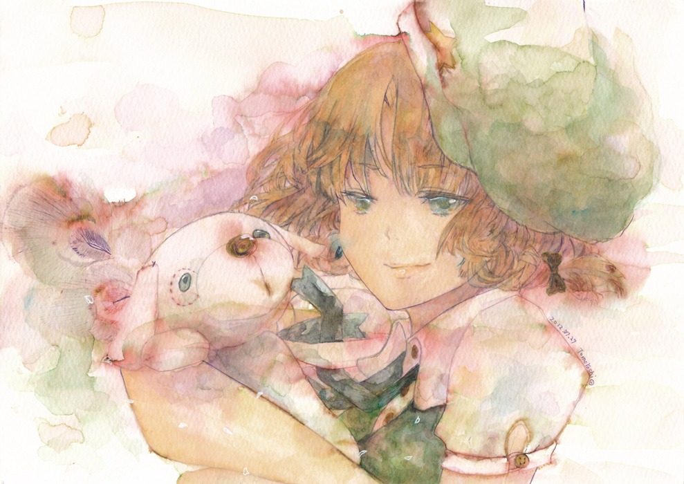 1girl bow braid hair_bow hat hinaichigo hong_meiling image short_hair short_sleeves smile solo star_(symbol) stuffed_animal teddy_bear traditional_media twin_braids watercolor_(medium)