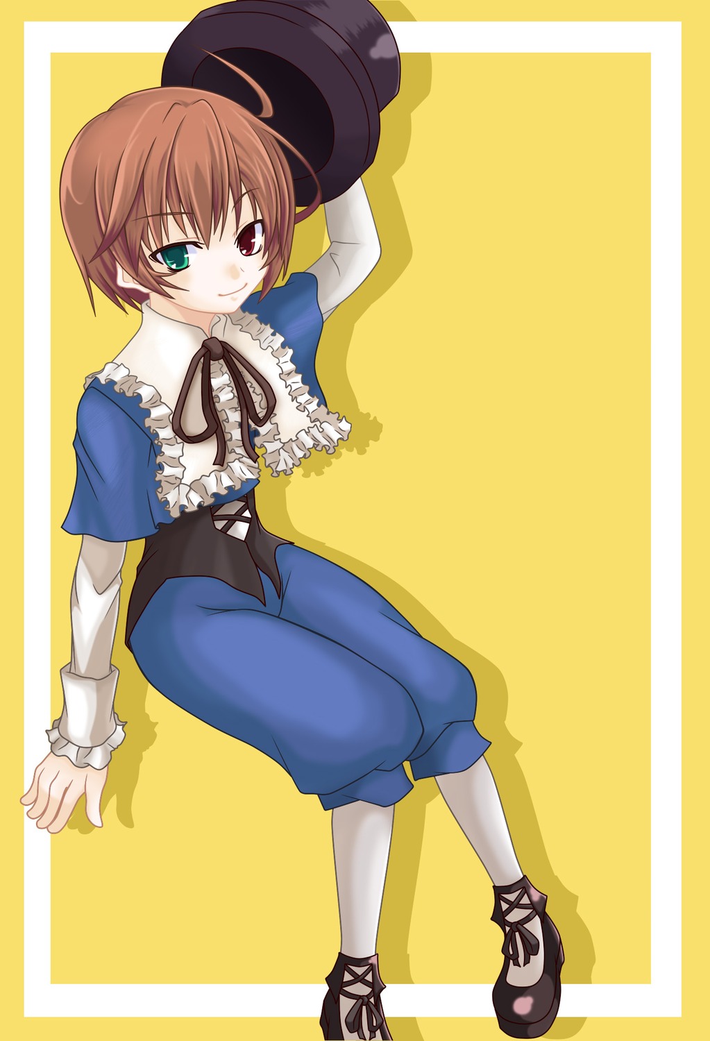 1girl brown_hair frills full_body green_eyes hat hat_removed headwear_removed heterochromia image long_sleeves looking_at_viewer pantyhose red_eyes shoes short_hair simple_background smile solo souseiseki top_hat white_legwear yellow_background