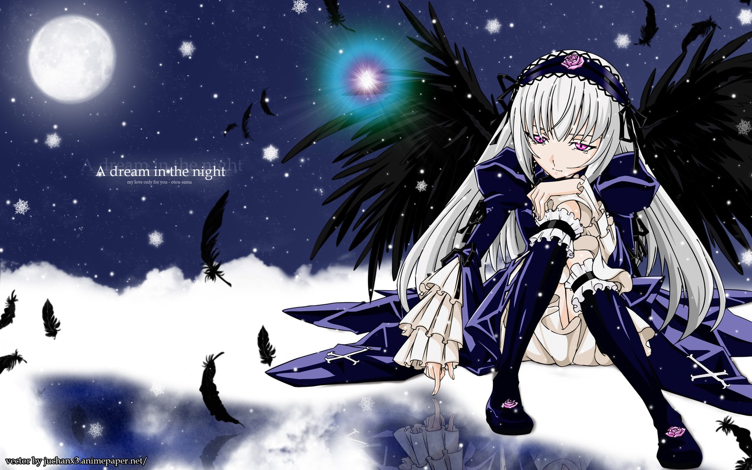 1girl bird black_wings boots dress feathers full_moon hairband image long_hair long_sleeves moon night night_sky pink_eyes purple_eyes silver_hair sitting sky solo star_(sky) starry_sky suigintou wings