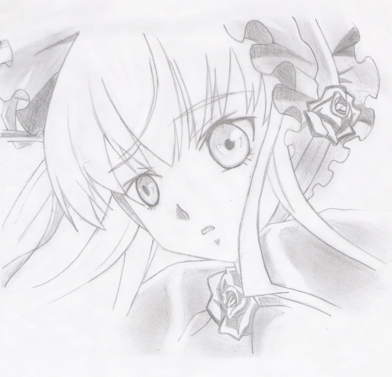 1girl flower greyscale hat image long_hair looking_at_viewer monochrome rose shinku simple_background solo suigintou traditional_media white_background white_rose