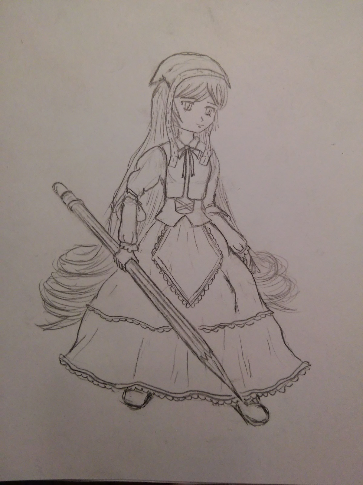 1girl apron closed_mouth dress full_body hat holding image long_hair long_sleeves monochrome shoes sketch solo standing suiseiseki traditional_media very_long_hair