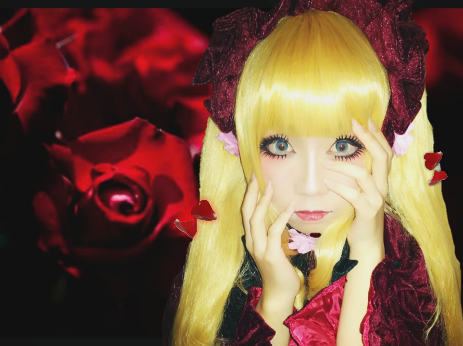 1girl blonde_hair blue_eyes bow flower hands_on_own_face heart horror_(theme) long_hair portrait rose shinku solo