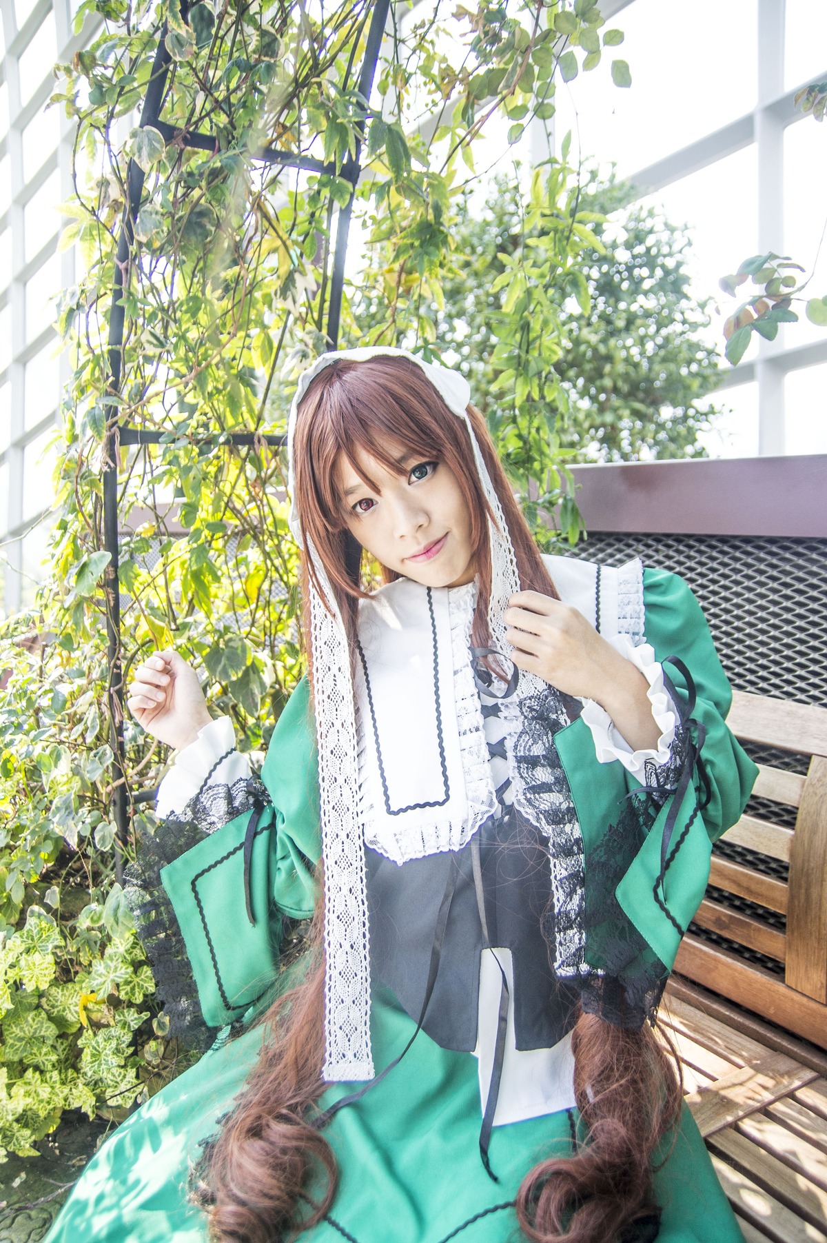 1girl brown_hair jewelry long_hair looking_at_viewer plant sitting skirt smile solo suiseiseki window