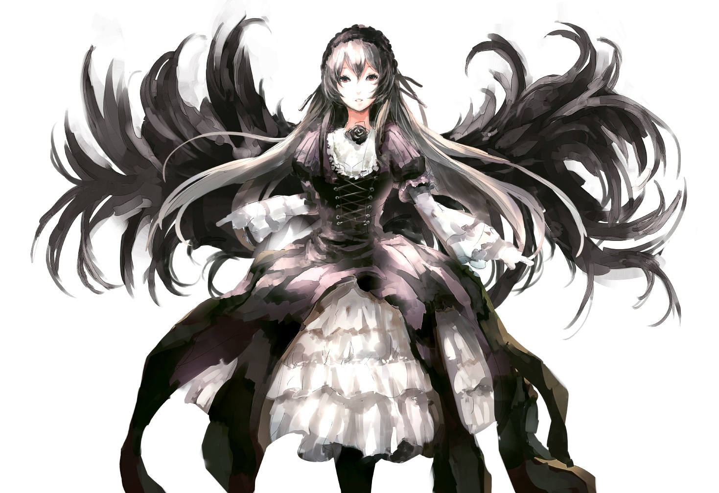 1girl black_wings dress flower frills hairband image long_hair long_sleeves looking_at_viewer rose silver_hair simple_background solo suigintou very_long_hair white_background wings