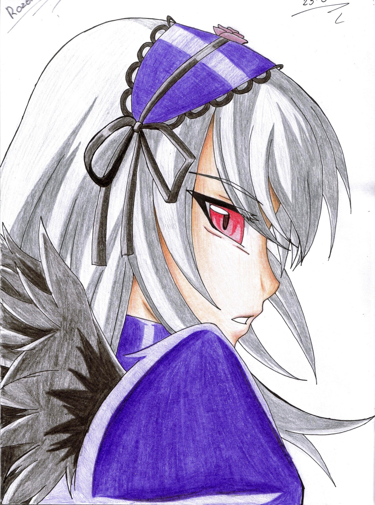 1girl dated dress frills hat image long_hair looking_at_viewer profile red_eyes ribbon signature silver_hair simple_background solo suigintou traditional_media white_background