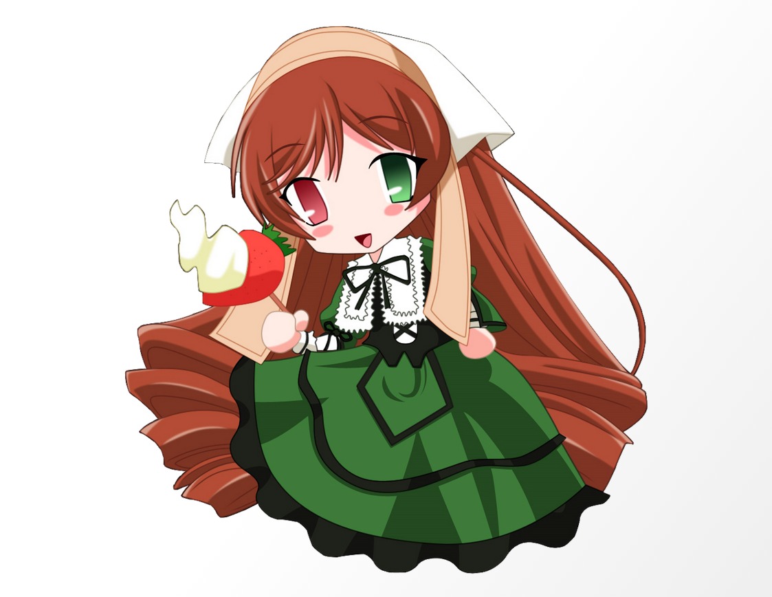 1girl brown_hair chibi dress drill_hair food full_body green_dress green_eyes heterochromia image long_hair long_sleeves open_mouth red_eyes solo striped suiseiseki twin_drills vertical_stripes very_long_hair