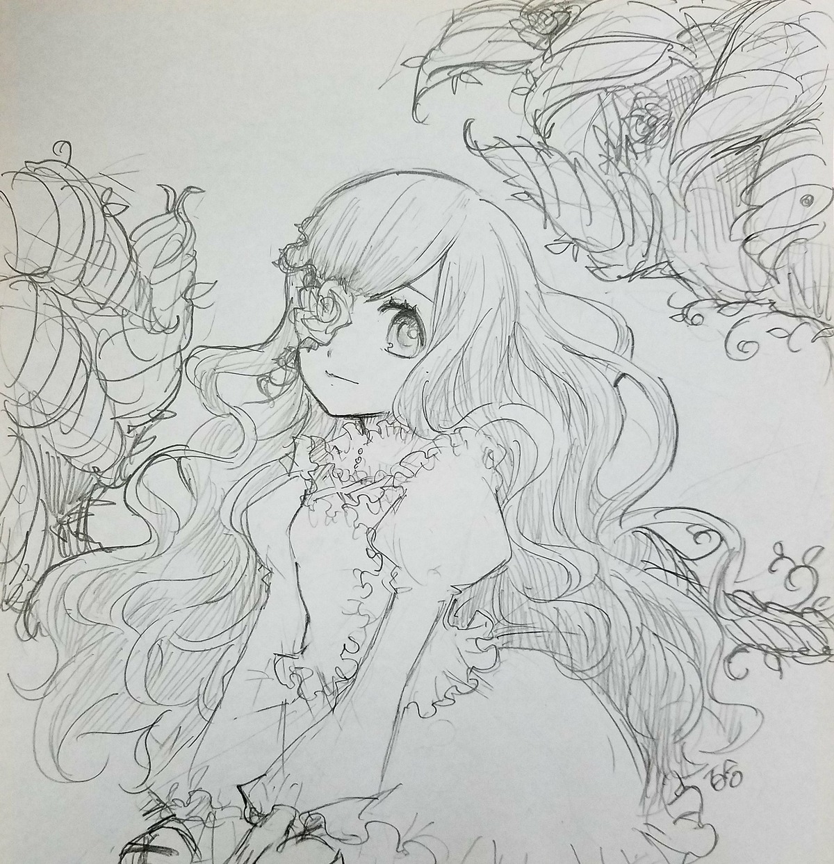 1girl closed_mouth dress flower greyscale image kirakishou long_hair looking_at_viewer monochrome puffy_sleeves sketch smile solo thorns traditional_media very_long_hair