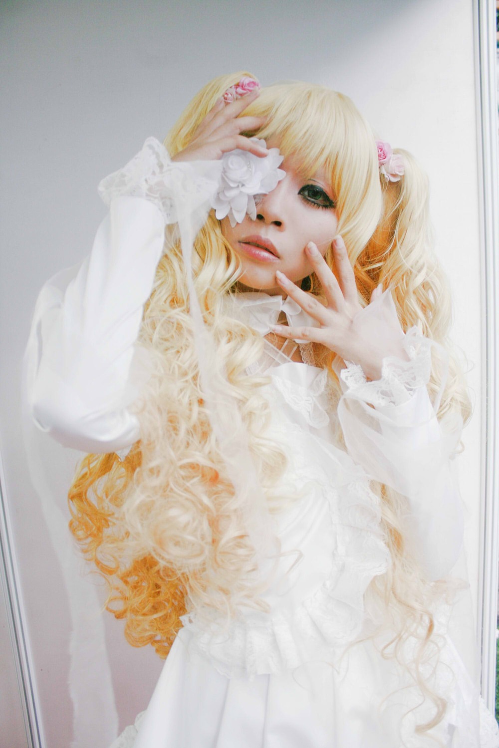 1girl blonde_hair dress flower hair_ornament kirakishou lips photo realistic rose sitting solo twintails white_dress