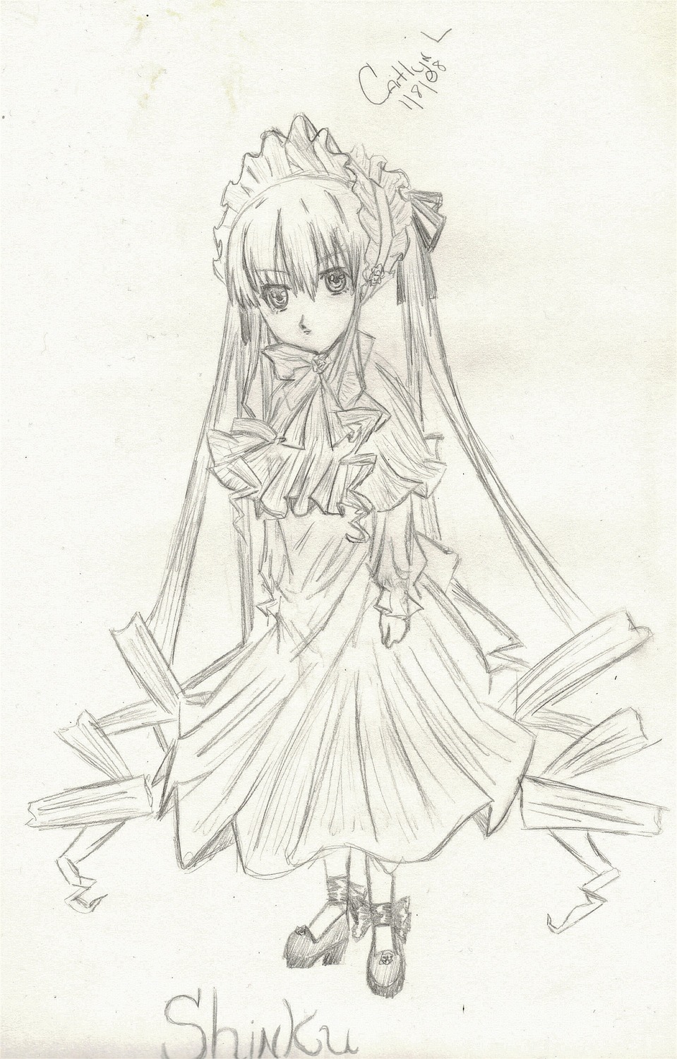 1girl bow bowtie dress full_body image long_hair long_sleeves looking_at_viewer monochrome shinku shoes simple_background solo standing very_long_hair