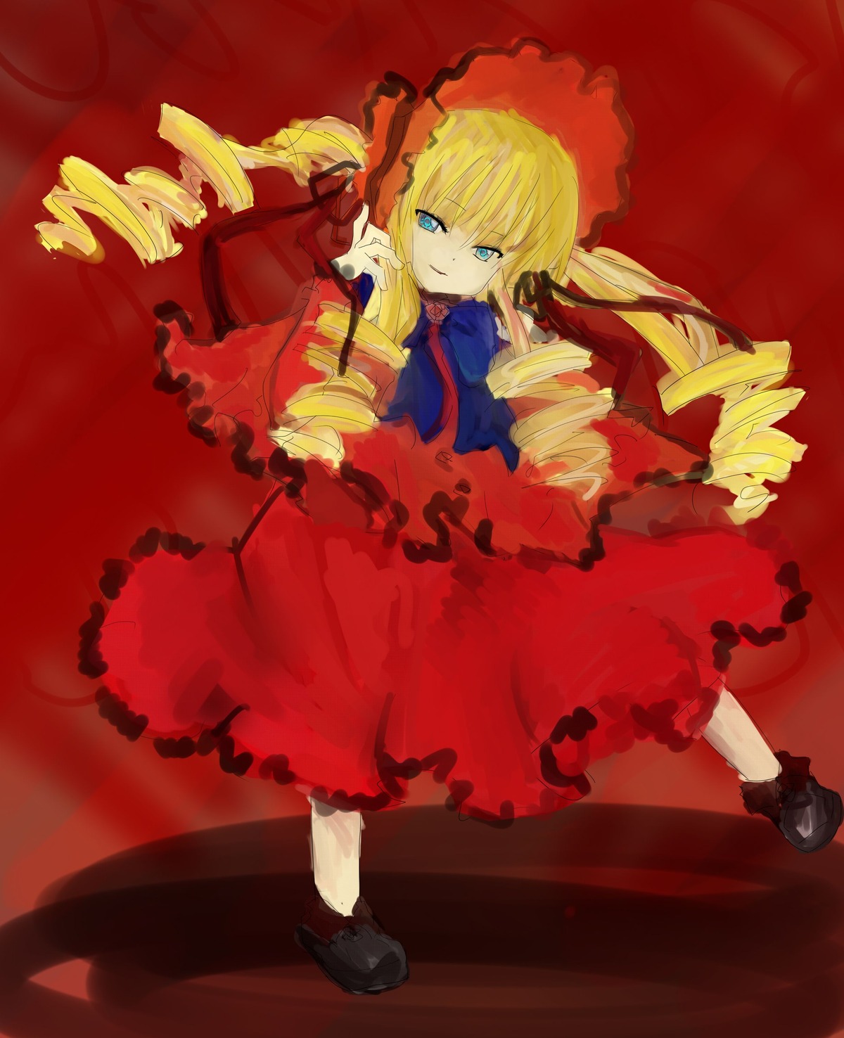 1girl blonde_hair blue_eyes bow bowtie dress drill_hair frills full_body image long_hair long_sleeves looking_at_viewer red_dress ringlets shinku shoes solo standing twin_drills twintails very_long_hair