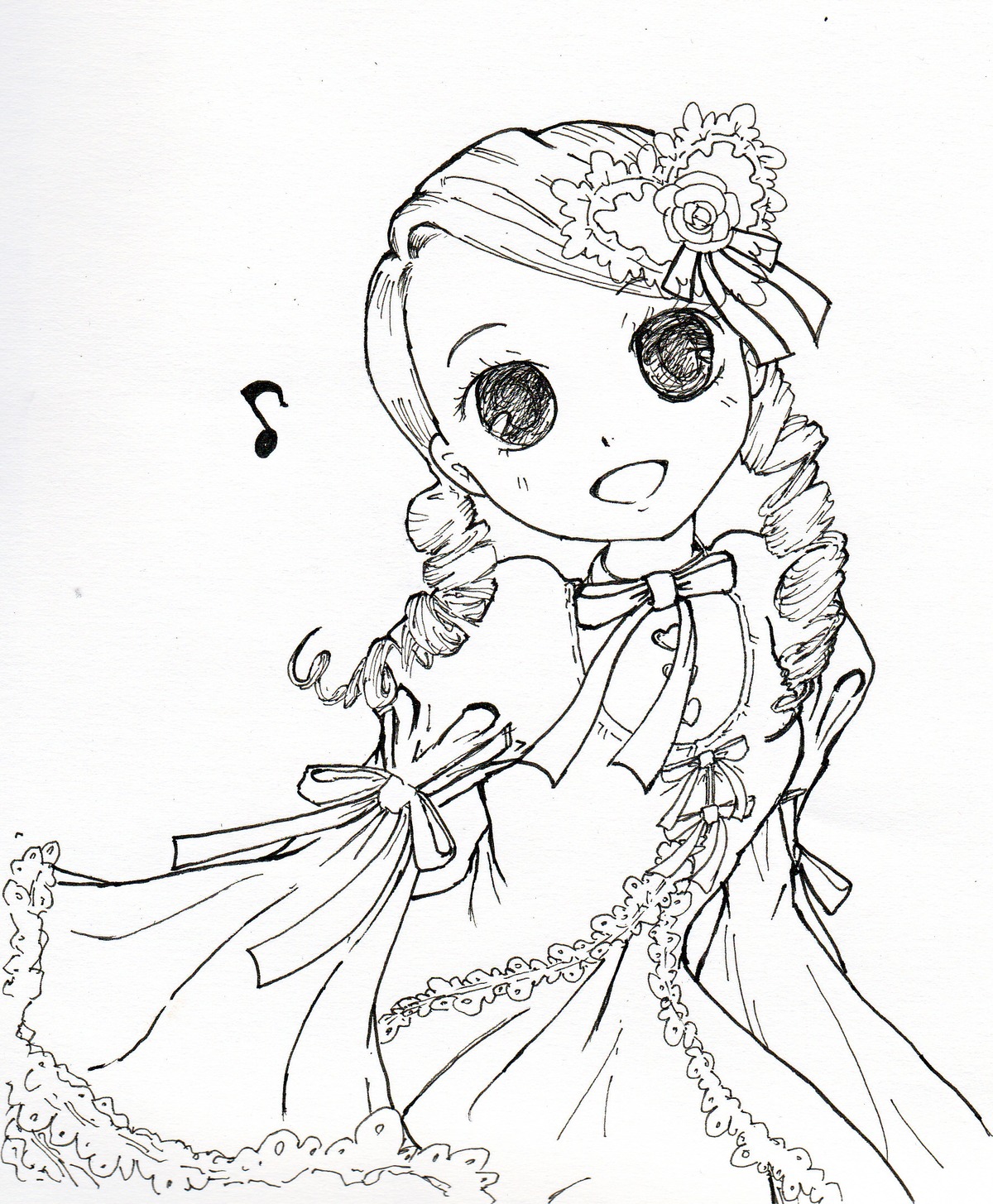 1girl :d dress drill_hair eighth_note greyscale hair_ornament image kanaria long_sleeves looking_at_viewer monochrome musical_note open_mouth puffy_sleeves ribbon smile solo tomoe_mami twin_drills twintails