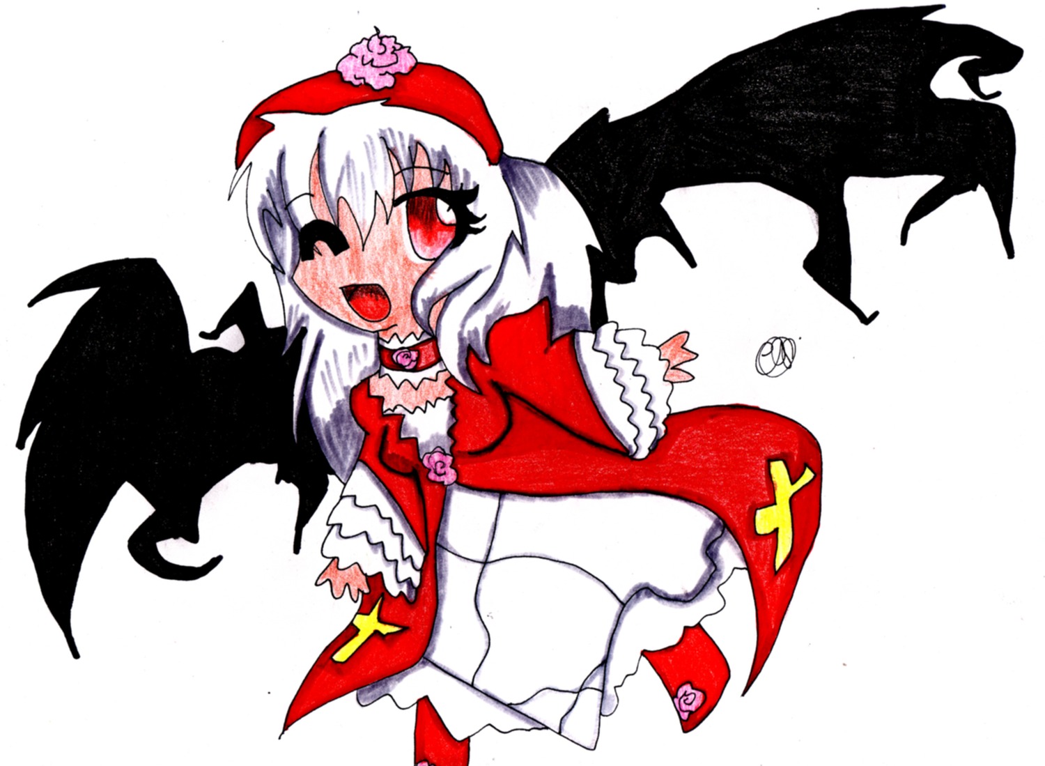 1girl black_wings blush chibi dress flower image long_sleeves open_mouth red_eyes rose solo standing striped suigintou white_background white_hair wings