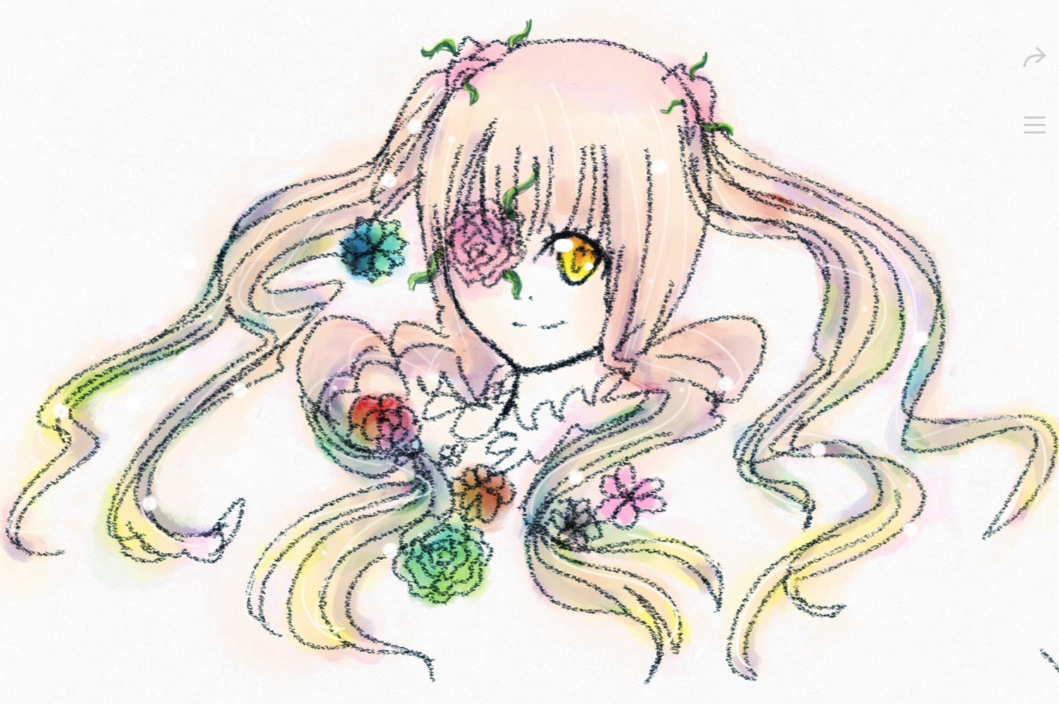 1girl bangs closed_mouth flower hair_flower hair_ornament image kirakishou leaf long_hair looking_at_viewer pink_hair plant simple_background smile solo striped striped_background thorns twintails vertical_stripes vines white_background yellow_eyes