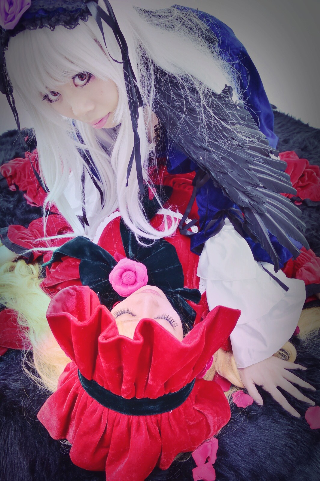 1girl dress flower gloves lips long_hair multiple_cosplay rose solo tagme white_hair