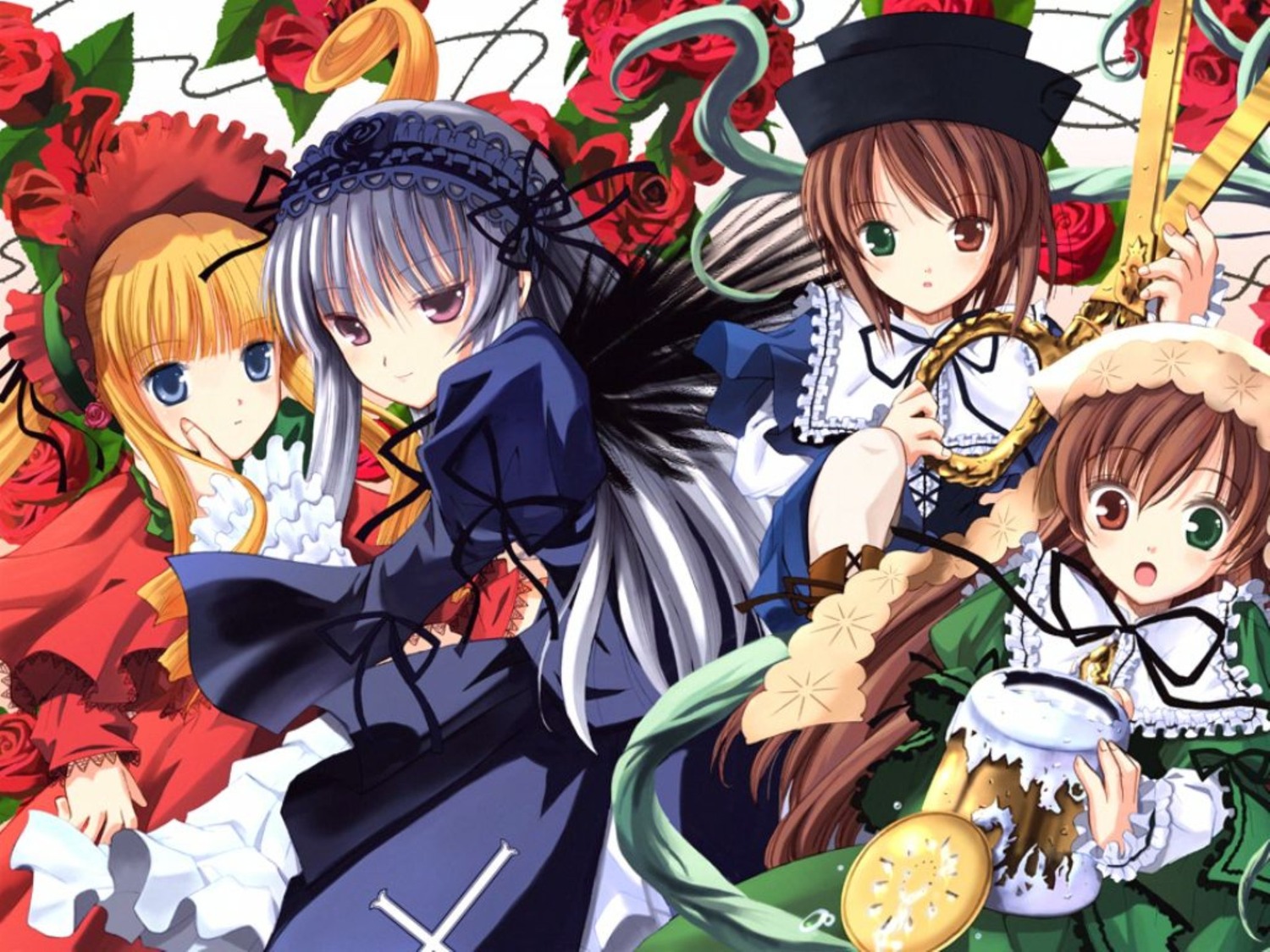 4girls artist_request bangs blonde_hair blue_eyes blunt_bangs bonnet brown_hair corset cup dress drill_hair flat_chest flower frills gothic_lolita green_dress green_eyes hairband hat head_scarf headdress heterochromia image lolita_fashion long_hair long_sleeves looking_at_viewer multiple multiple_girls open_mouth red_dress red_eyes red_flower red_rose ribbon rose rozen_maiden scissors shinku short_hair siblings sisters smile souseiseki suigintou suiseiseki tagme tea twin_drills twins twintails very_long_hair watering_can weapon white_hair wings