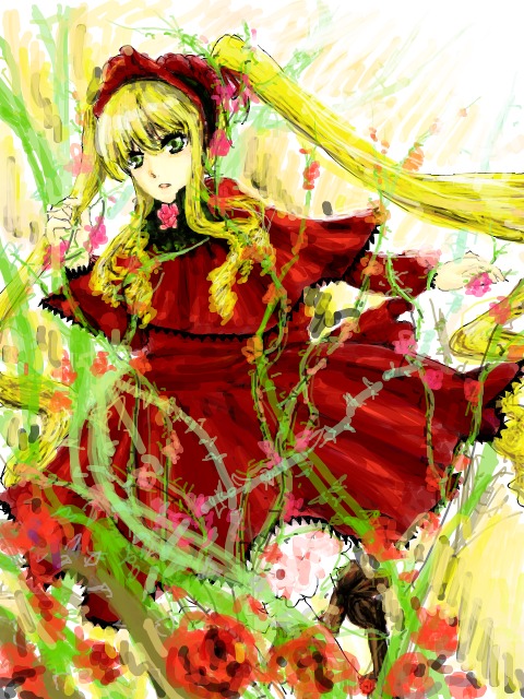 1girl blonde_hair bonnet boots bow dress flower frills green_eyes image long_hair long_sleeves looking_at_viewer red_dress rose shinku solo twintails