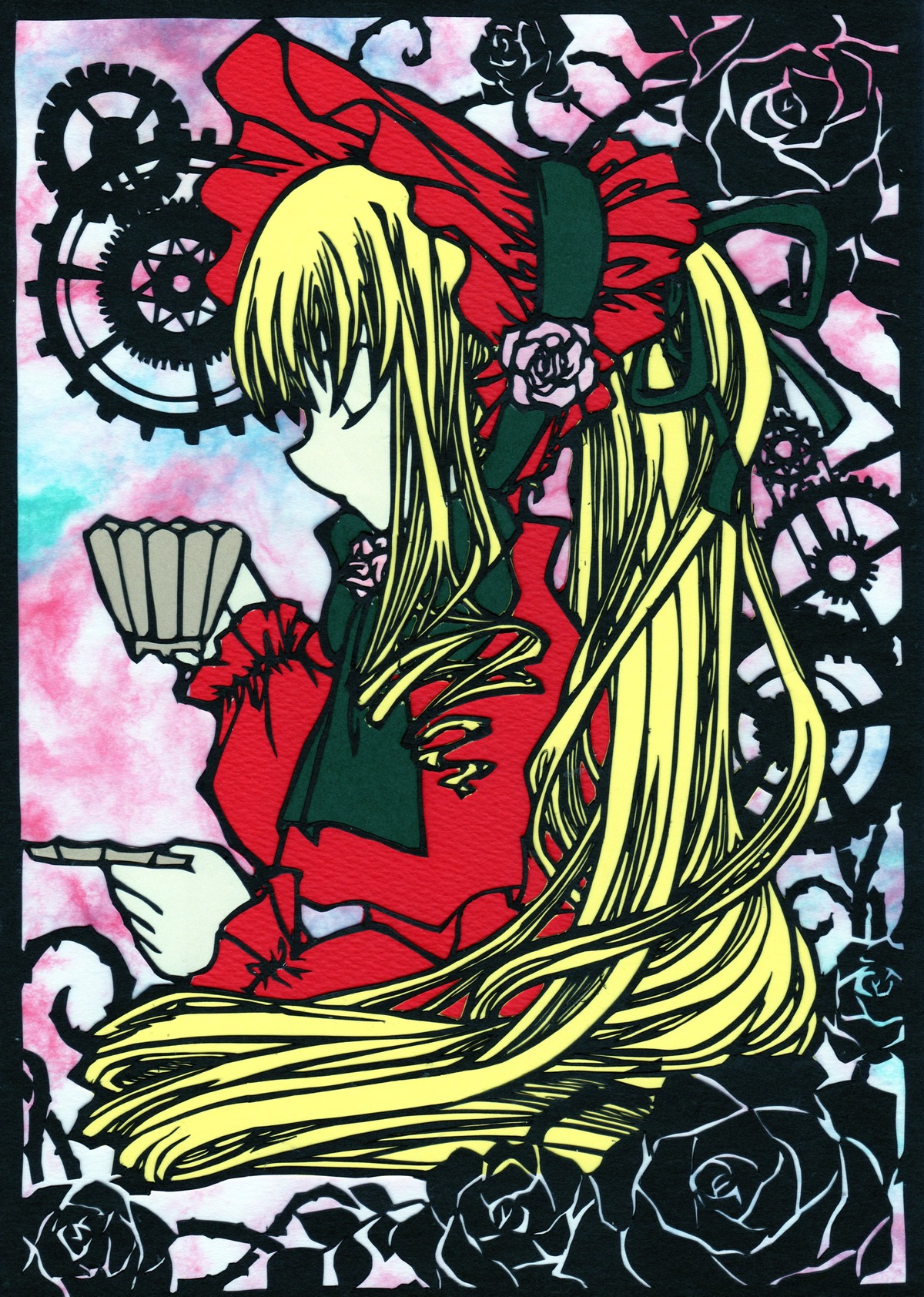 1girl black_flower black_rose blonde_hair blue_rose bonnet dress drill_hair flower image long_hair long_sleeves pink_flower pink_rose profile purple_rose red_flower red_rose rose shinku solo suigintou thorns very_long_hair white_rose