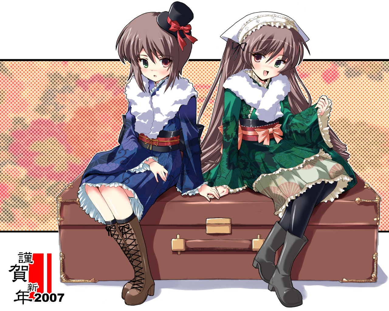 2girls boots brown_hair dress frills green_eyes halftone halftone_background hat heterochromia image japanese_clothes kimono knee_boots lolita_fashion long_hair multiple_girls open_mouth pair pantyhose polka_dot red_eyes siblings sisters sitting souseiseki suiseiseki top_hat twins
