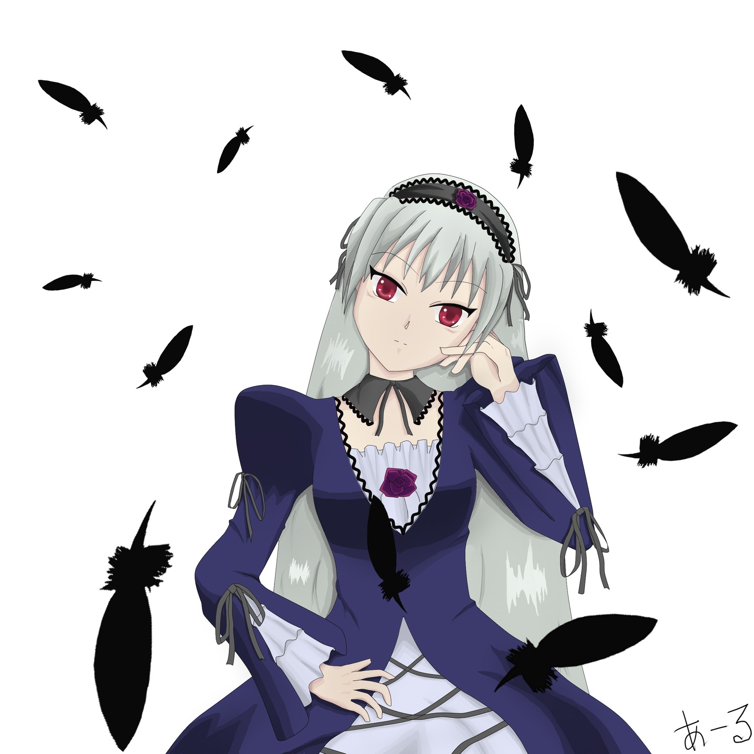 1girl bird black_feathers black_wings blue_butterfly bug butterfly detached_collar dress feathers flower hairband image insect long_hair long_sleeves looking_at_viewer red_eyes silver_hair simple_background solo suigintou white_background wings