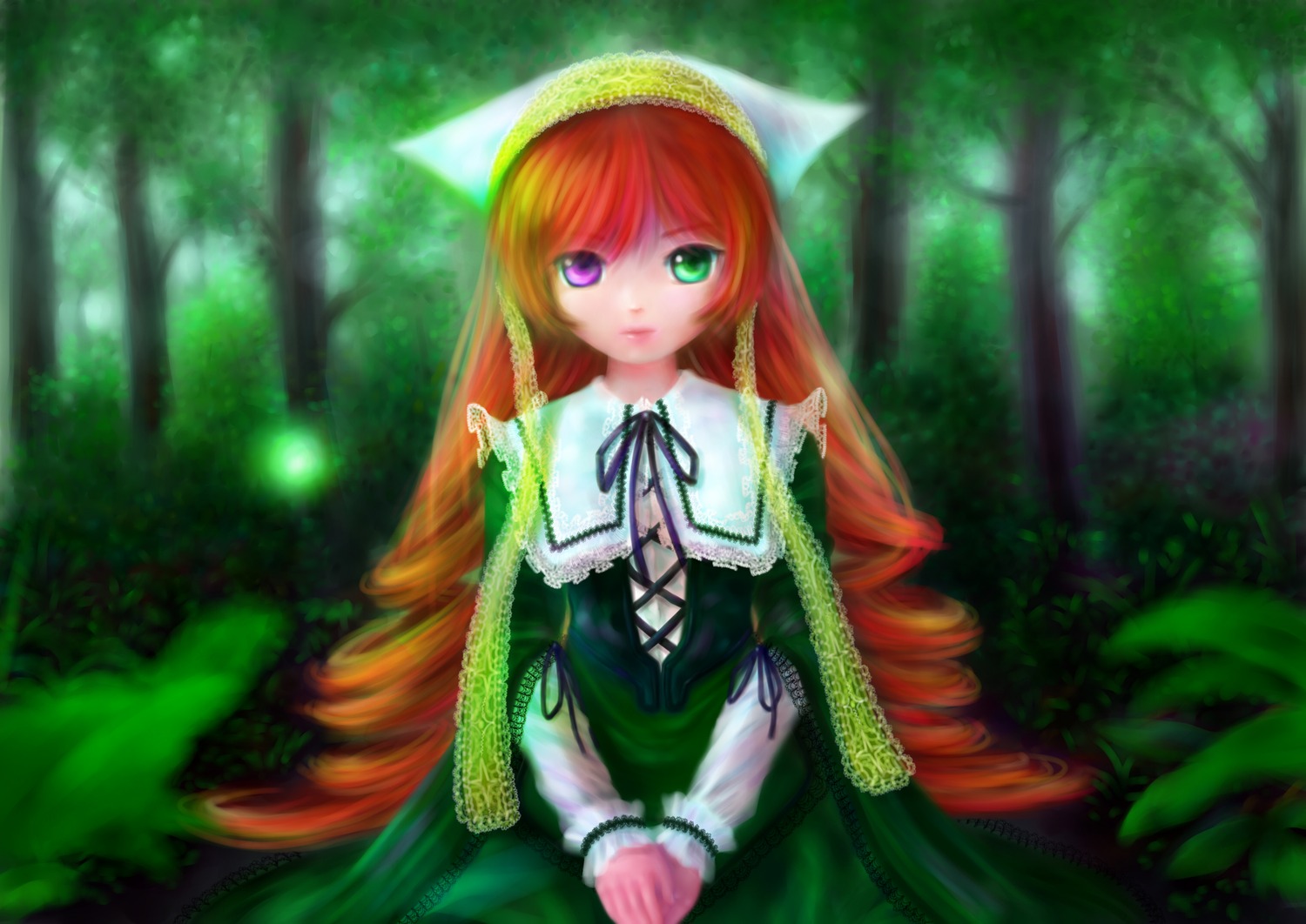 1girl corset dress drill_hair frills green_dress green_eyes heterochromia image lolita_fashion long_hair long_sleeves looking_at_viewer outdoors red_eyes ribbon solo standing suiseiseki twin_drills very_long_hair