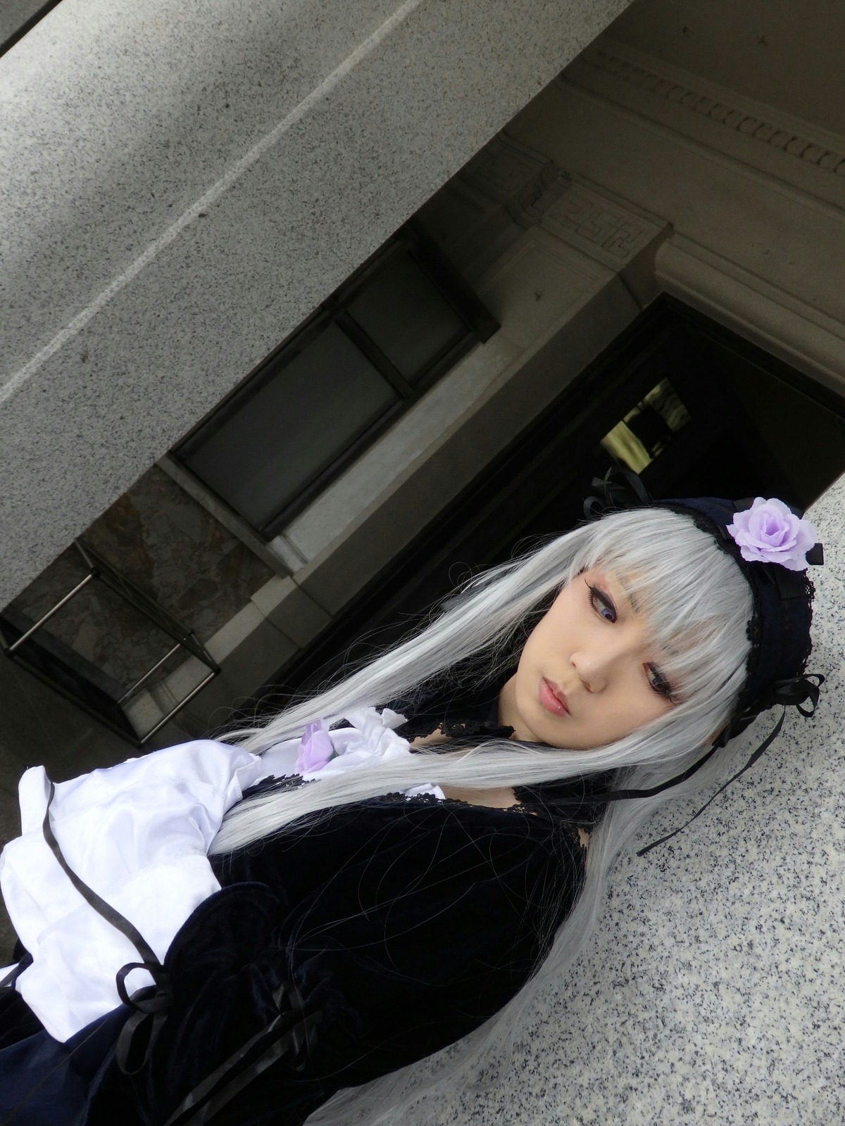 1girl bangs dress flower frills gothic_lolita indoors lips lolita_fashion long_hair long_sleeves looking_at_viewer rose silver_hair solo suigintou upper_body