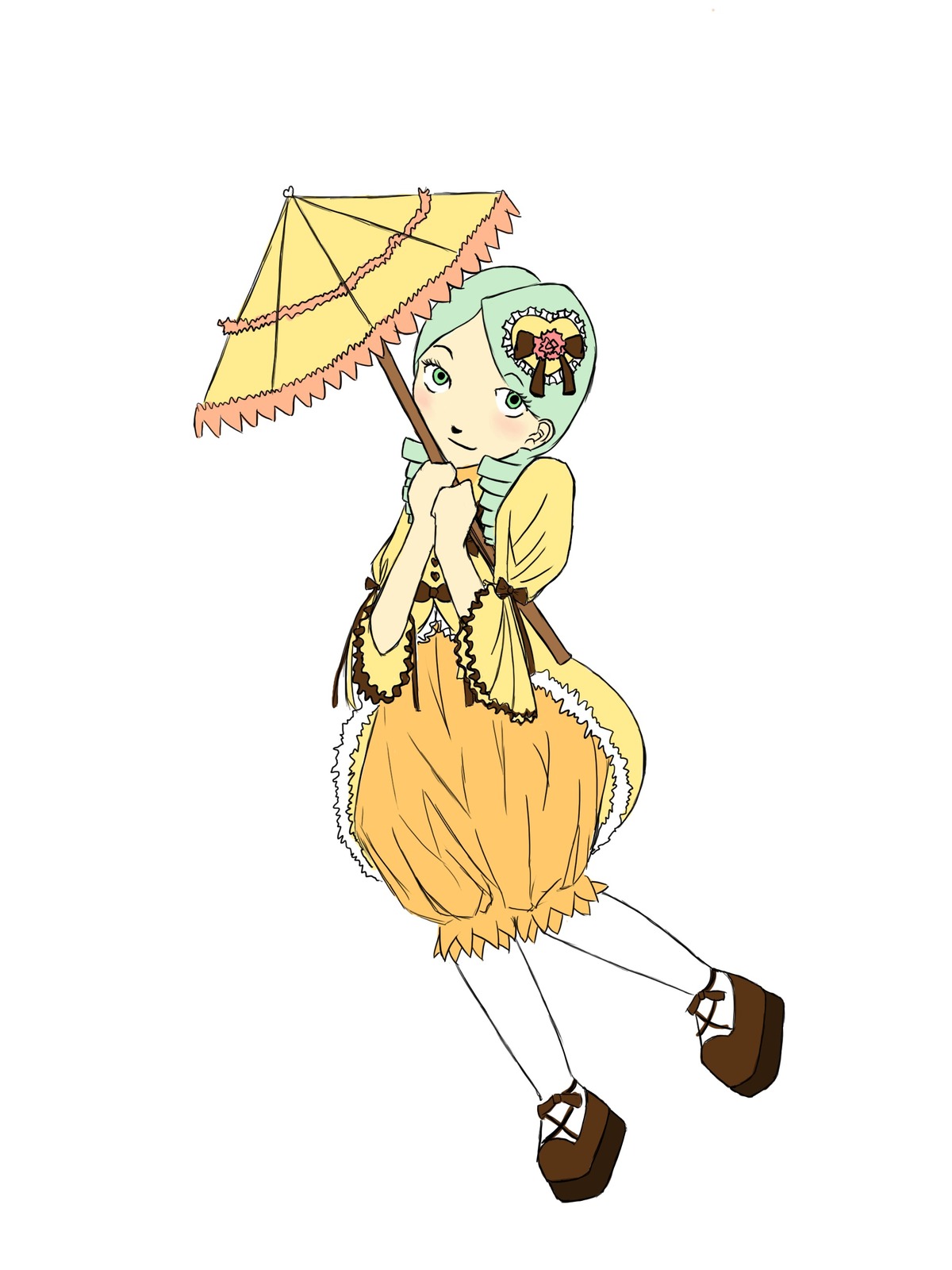 1girl blush dress full_body green_eyes green_hair hair_ornament holding_umbrella image kanaria parasol shoes short_hair solo standing umbrella white_legwear