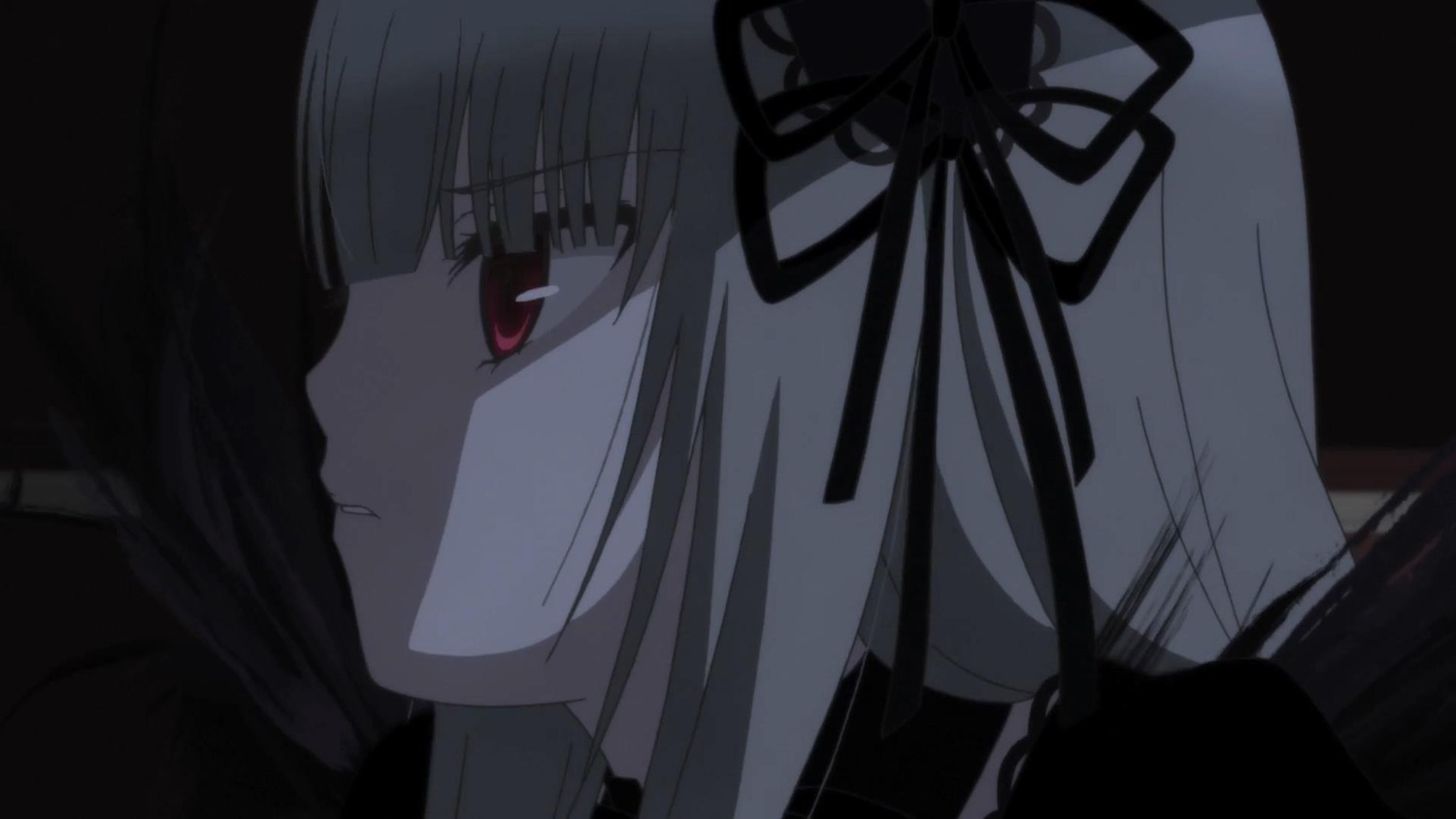 1girl bangs closed_mouth dress image long_hair profile red_eyes ribbon simple_background solo suigintou