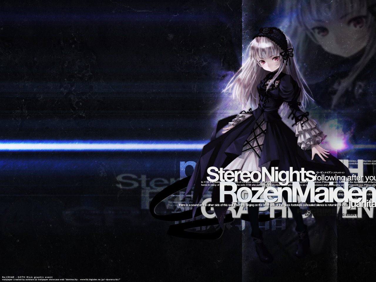 1girl black_dress black_footwear boots copyright_name dress frills full_body hairband image long_hair long_sleeves looking_at_viewer red_eyes silver_hair sky solo standing star_(sky) suigintou very_long_hair wings