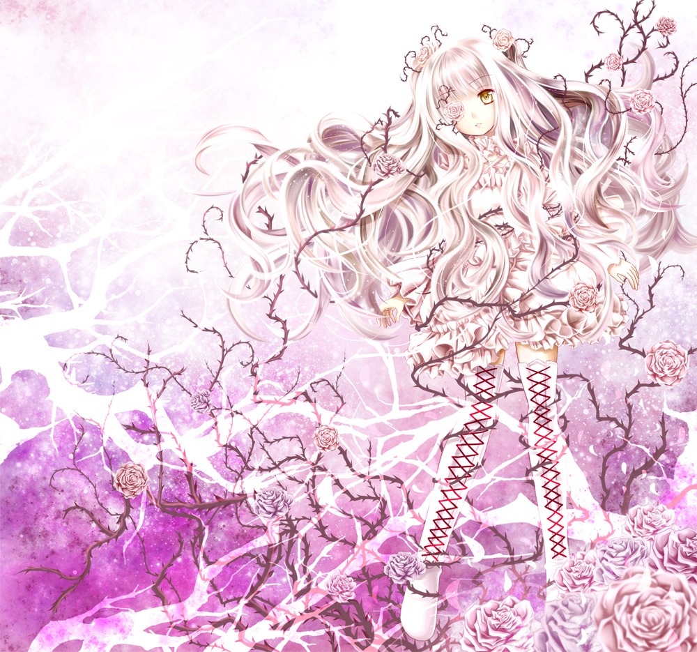 1girl doll_joints dress eyepatch flower image joints kirakishou long_hair pink_flower pink_hair pink_rose pink_theme rose solo thighhighs thorns very_long_hair vines white_rose yellow_eyes