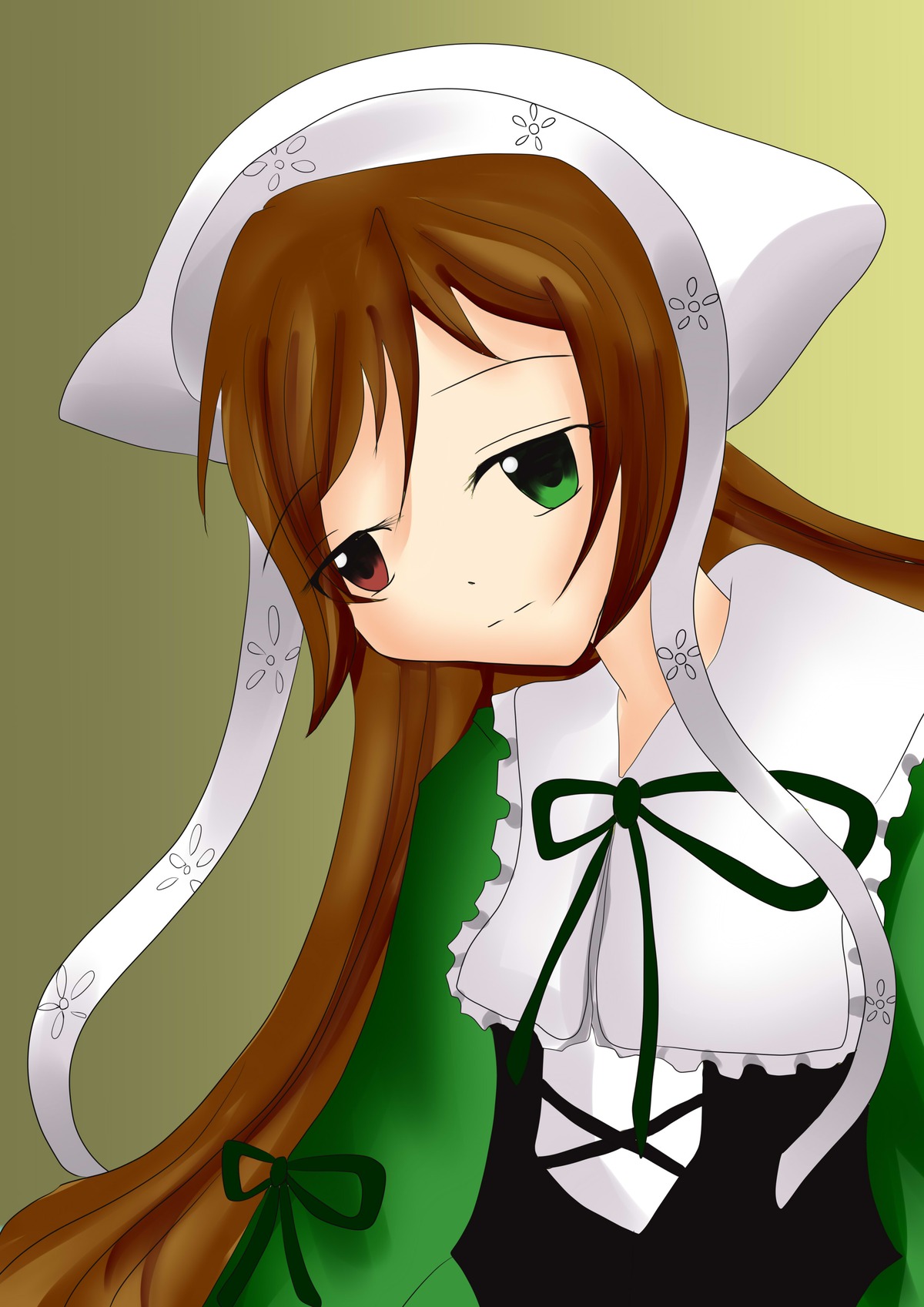 1girl auto_tagged brown_hair dress green_background green_dress green_eyes hat head_scarf heterochromia image long_hair long_sleeves looking_at_viewer ribbon simple_background solo suiseiseki upper_body very_long_hair