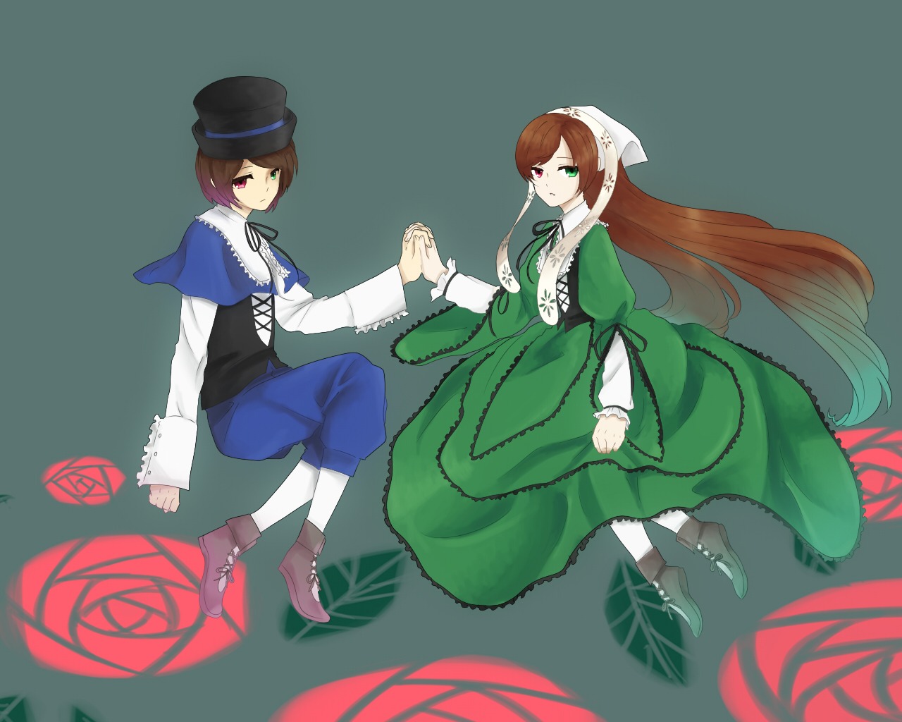 2girls blue_dress boots brown_hair dress flower frills green_dress green_eyes hat heterochromia holding_hands image long_hair long_sleeves looking_at_viewer multiple_girls pair pantyhose red_eyes short_hair siblings simple_background sisters smile souseiseki suiseiseki top_hat twins very_long_hair