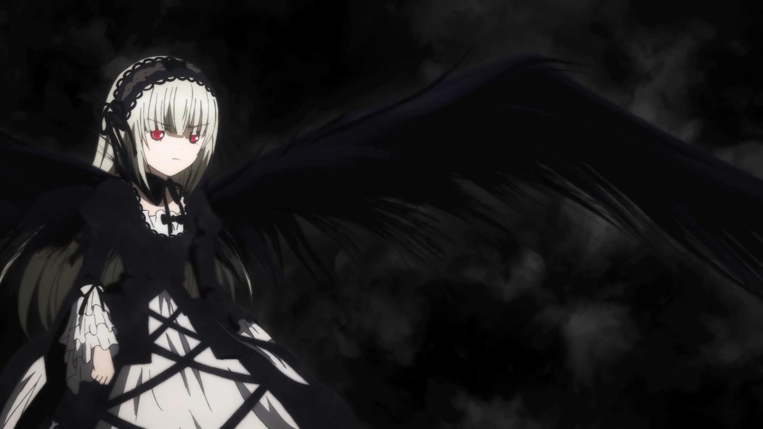 1girl bangs black_background black_dress black_ribbon black_wings closed_mouth dress expressionless flower frills hairband image juliet_sleeves long_hair long_sleeves looking_at_viewer red_eyes ribbon rose solo suigintou very_long_hair wings