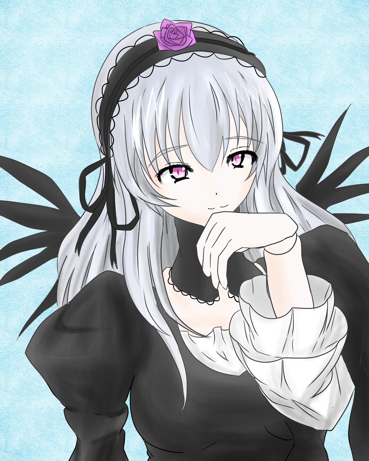1girl black_dress black_wings blue_background dress flower gothic_lolita hairband image juliet_sleeves lolita_fashion lolita_hairband long_hair long_sleeves looking_at_viewer pink_eyes rose silver_hair smile solo suigintou upper_body wings