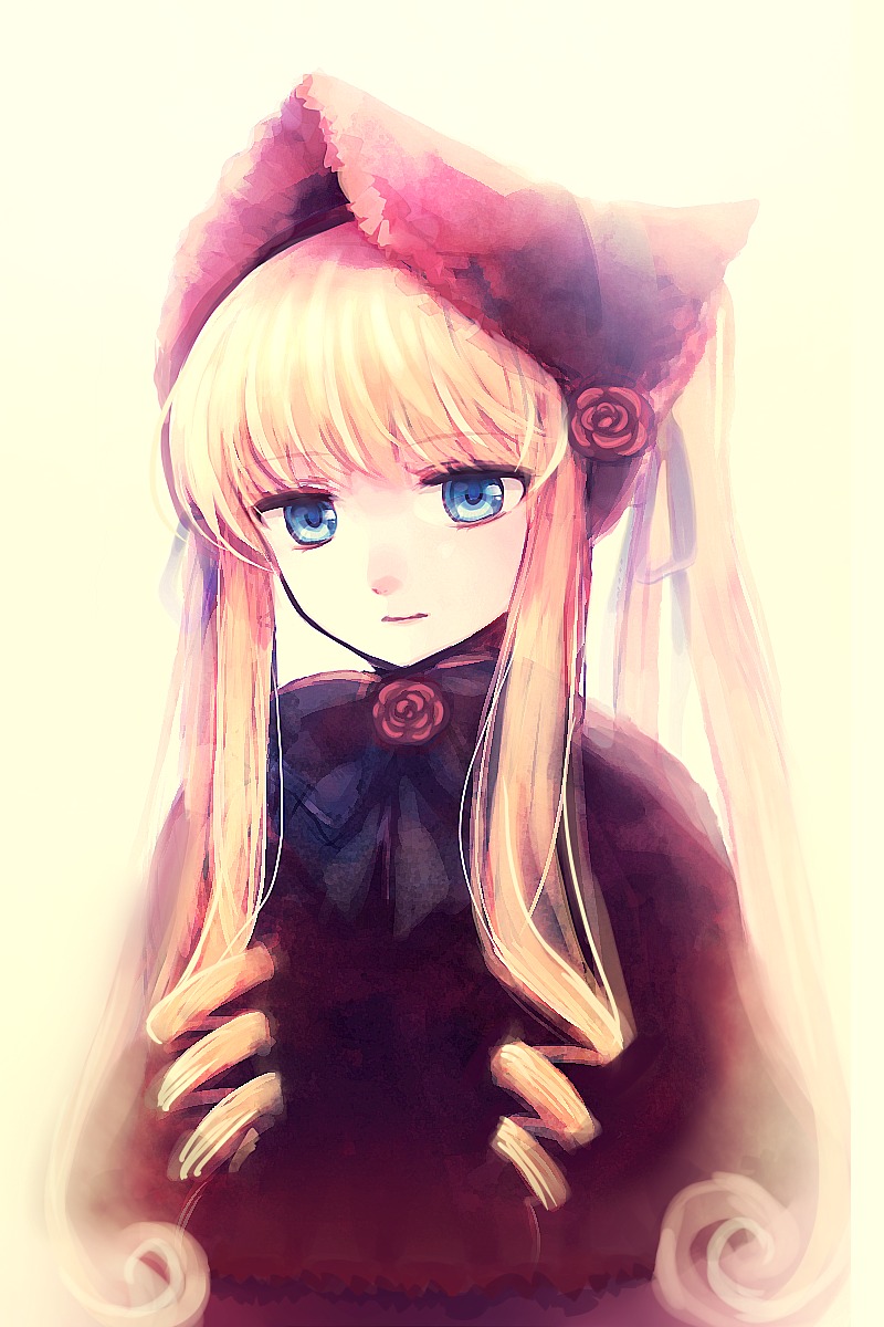 1girl bangs blonde_hair blue_eyes bonnet dress drill_hair expressionless flower hat image long_hair long_sleeves looking_at_viewer pink_flower pink_rose red_flower red_rose ringlets rose shinku sidelocks simple_background solo twin_drills upper_body