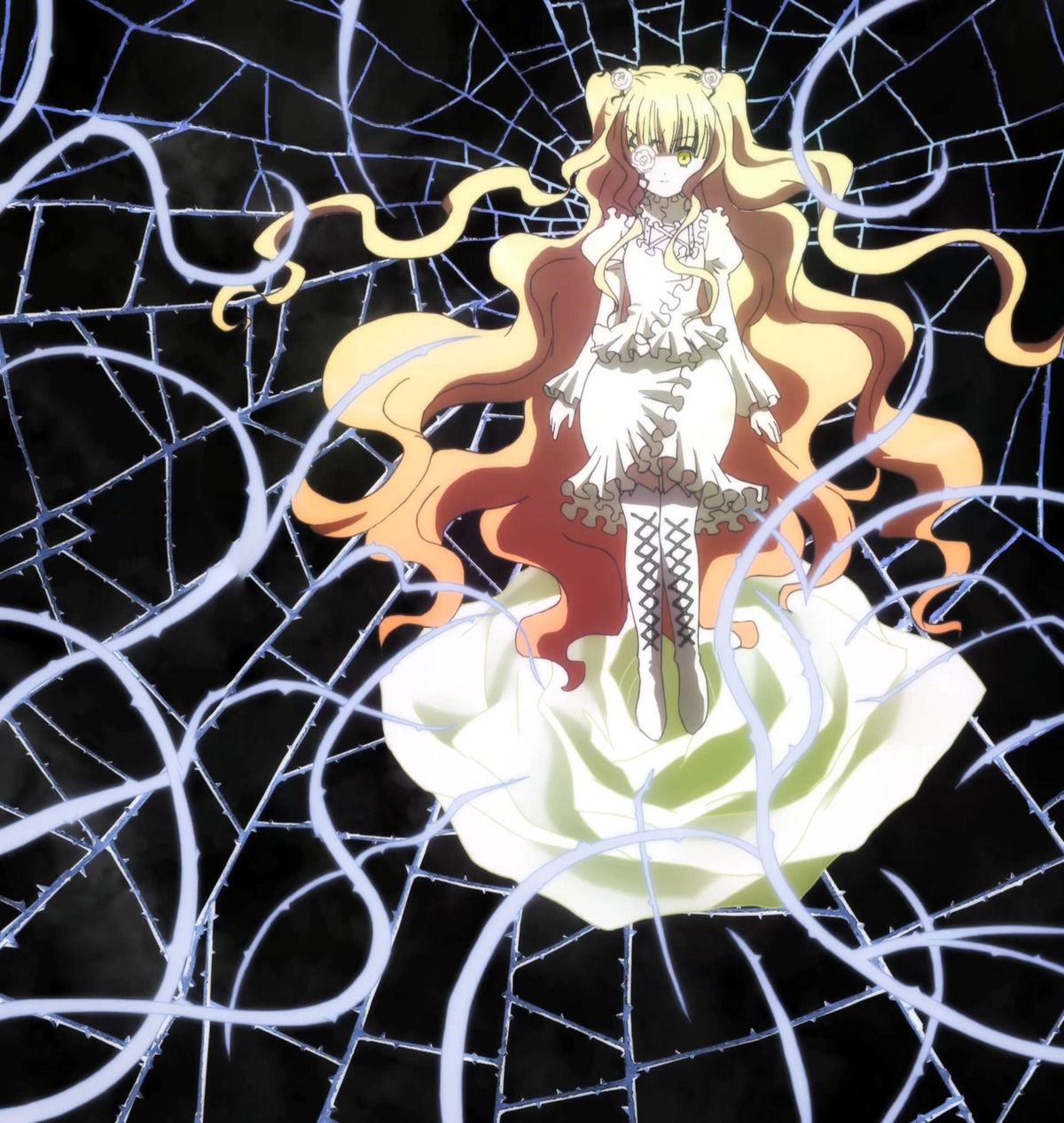 1girl bare_shoulders blonde_hair dress frills honeycomb_(pattern) honeycomb_background image kirakishou long_hair silk solo spider_web tiles very_long_hair white_dress yellow_eyes