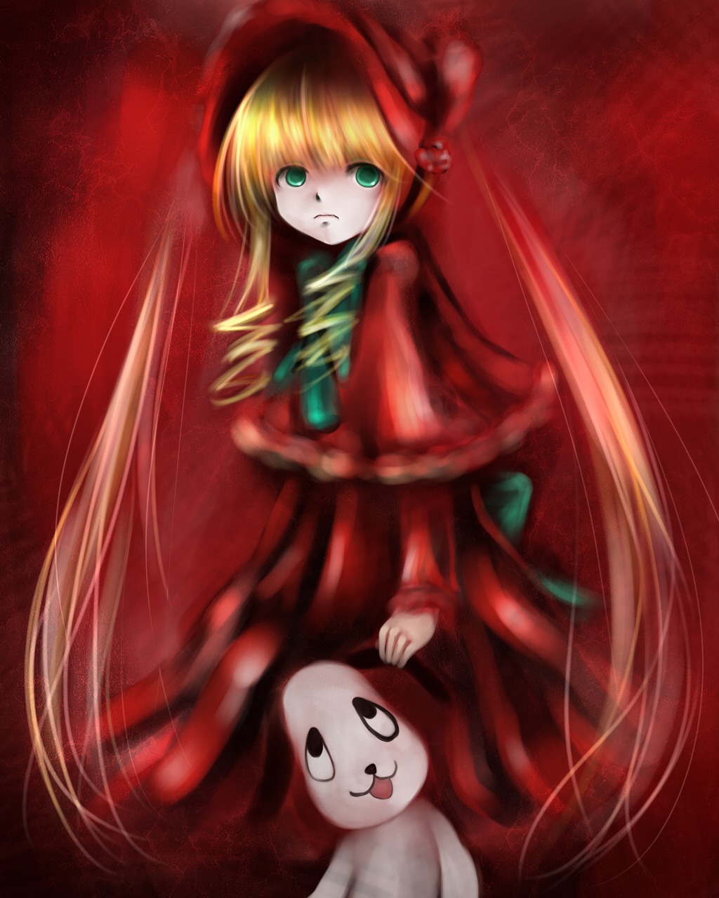 1girl blonde_hair bow capelet christmas dress green_bow green_eyes image long_hair long_sleeves looking_at_viewer red_capelet red_dress shinku solo standing very_long_hair