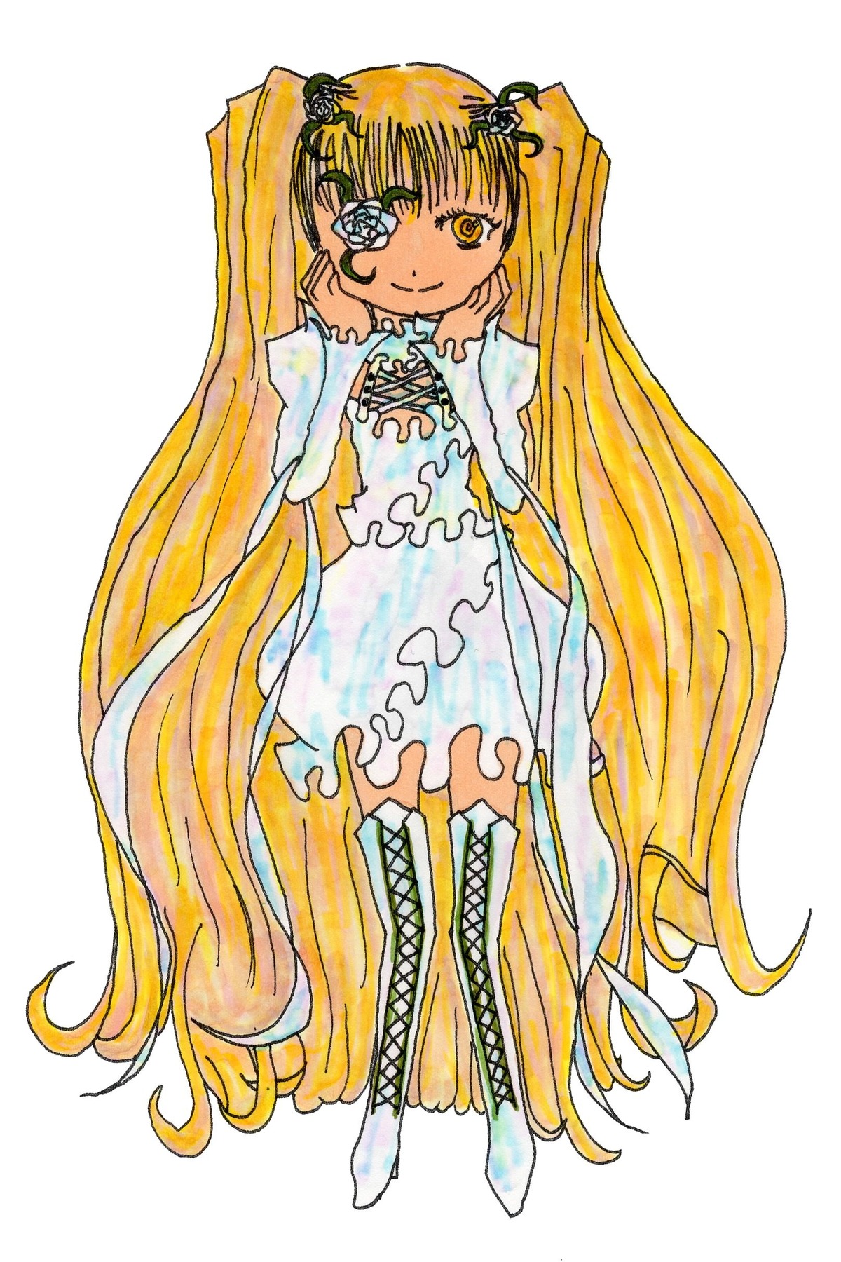 1girl blonde_hair boots dress full_body image kirakishou knee_boots long_hair long_sleeves simple_background smile solo standing traditional_media twintails very_long_hair white_background white_dress yellow_eyes