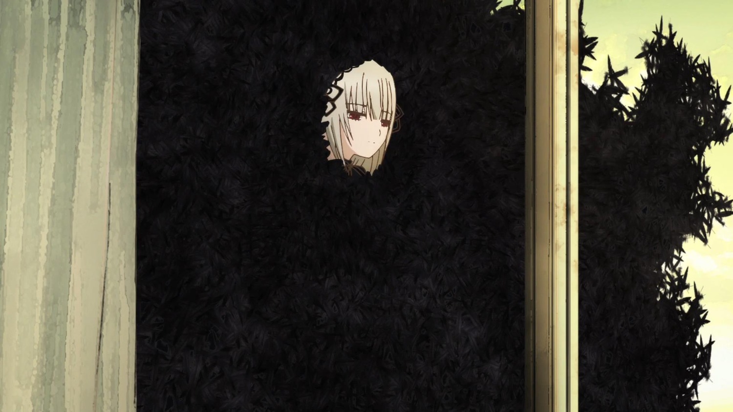 1girl bangs brown_eyes closed_mouth dress eyebrows_visible_through_hair forest hair_between_eyes image indoors looking_at_viewer nature outdoors solo suigintou tree