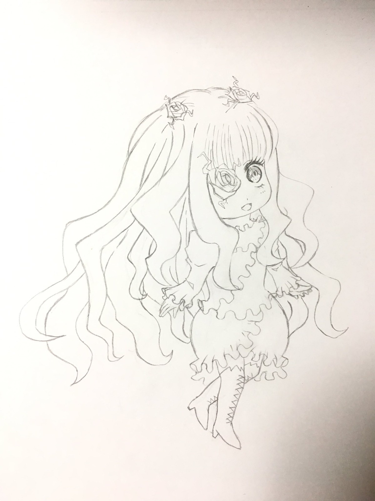 1girl boots cross-laced_footwear dress flower hair_ornament image kirakishou long_hair monochrome solo very_long_hair