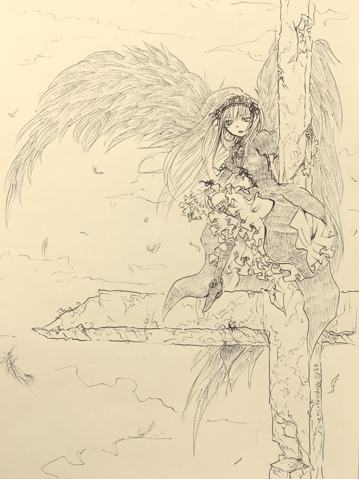 1girl cloud dress feathered_wings flower frills hairband image long_hair long_sleeves looking_at_viewer monochrome outdoors sky solo suigintou traditional_media very_long_hair wings