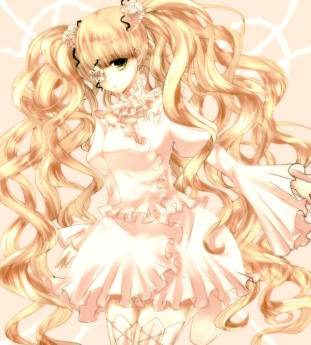 1girl blonde_hair dress drill_hair eyepatch flower frills hair_flower hair_ornament image kirakishou long_hair rose solo twintails very_long_hair yellow_eyes