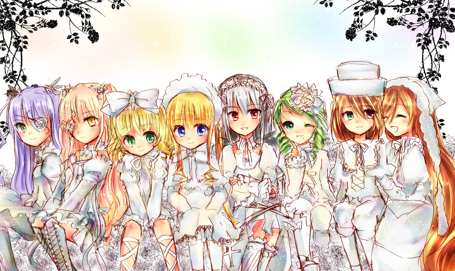 6+girls black_hair blonde_hair blue_eyes brown_hair dress green_eyes hair_ornament hat image long_hair multiple multiple_girls one_eye_closed purple_hair red_eyes short_hair silver_hair smile suiseiseki tagme thighhighs