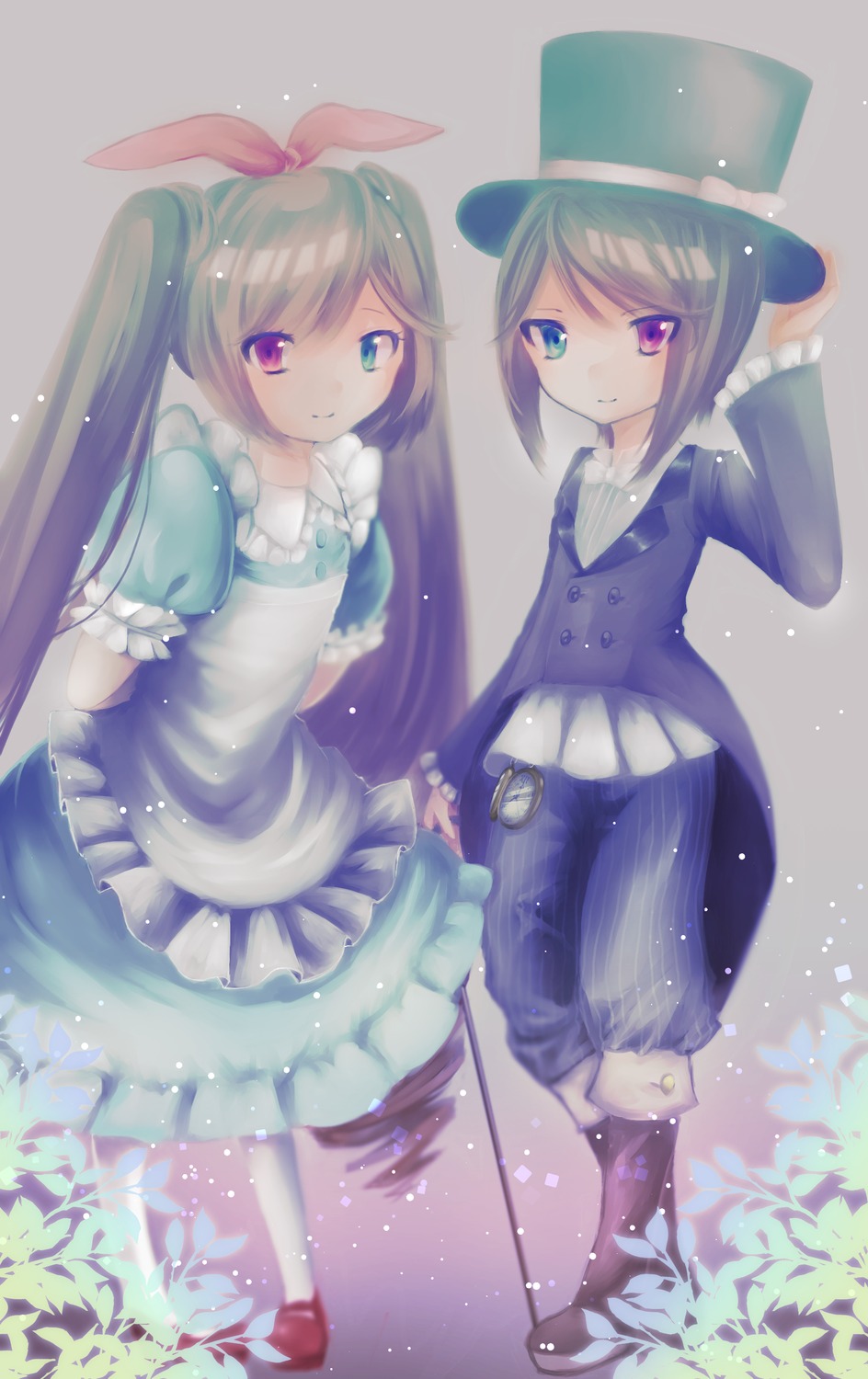 2girls blue_dress dress frills hat heterochromia image long_hair looking_at_viewer multiple_girls pair red_eyes ribbon short_hair smile souseiseki suiseiseki top_hat twintails