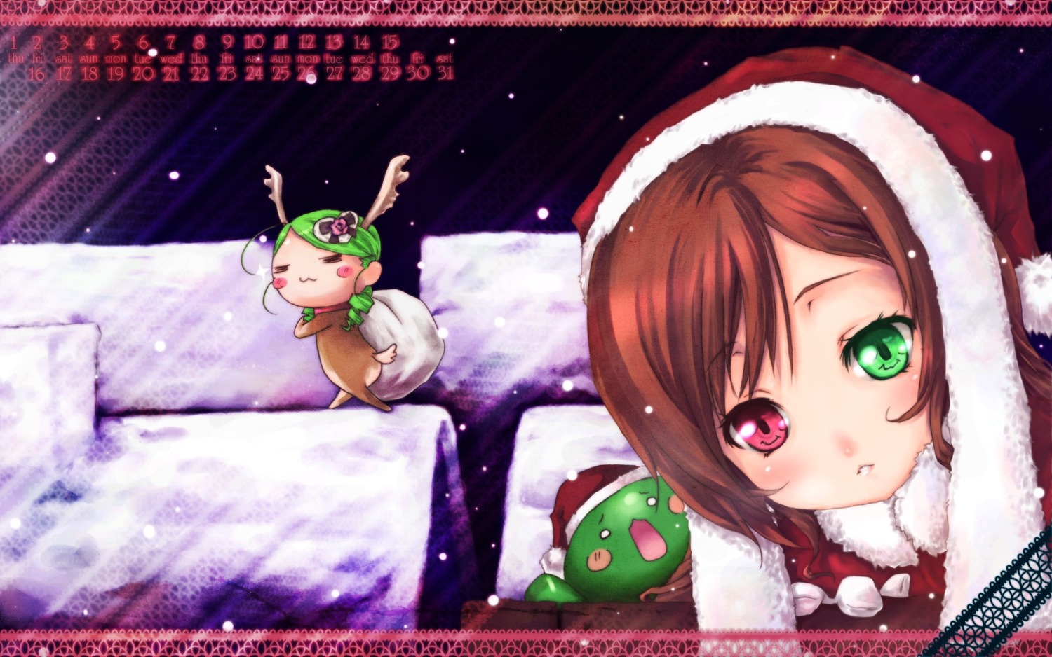 1girl auto_tagged blush brown_hair christmas green_eyes hat heterochromia image kanaria looking_at_viewer pair red_eyes santa_hat siblings snow souseiseki suiseiseki