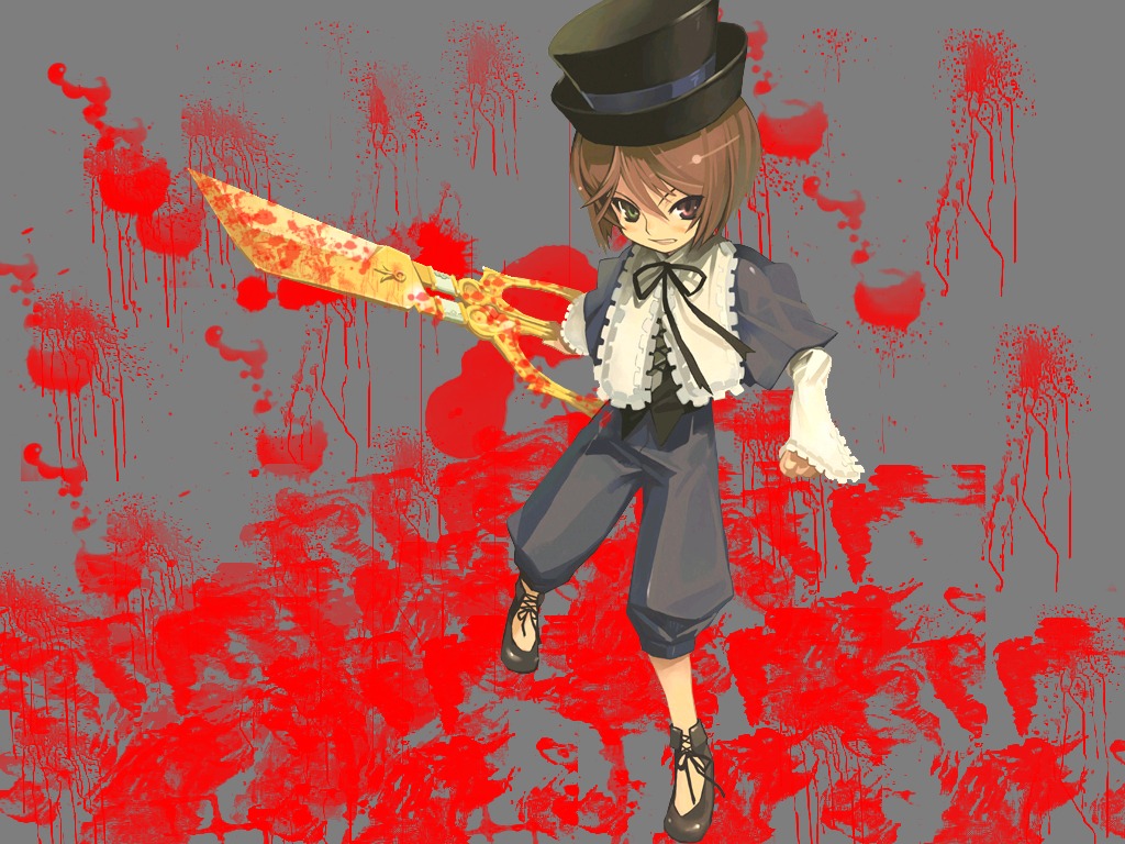 brown_hair full_body hat image long_sleeves red_background ribbon shorts solo souseiseki standing top_hat