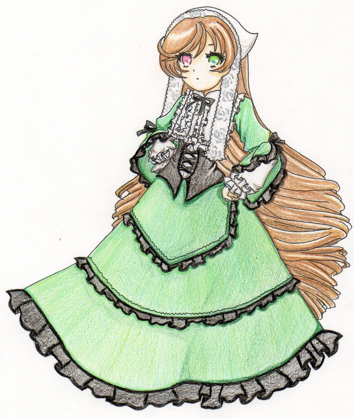 1girl brown_hair dress drill_hair frills green_dress green_eyes heterochromia image lolita_fashion long_hair long_sleeves looking_at_viewer red_eyes simple_background solo suiseiseki twin_drills very_long_hair white_background